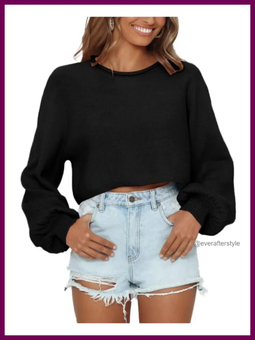 Cropped Sweater Women Lantern Long Sleeve Slouchy Crewneck Pullover Acrylic